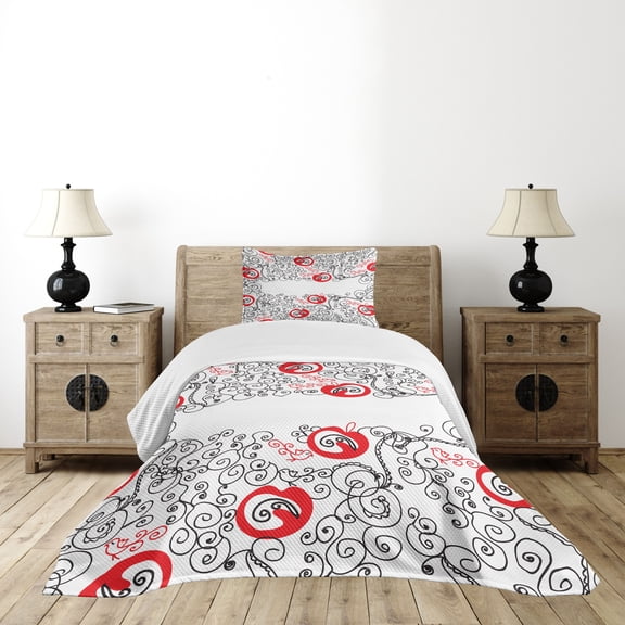 Ambesonne Abstract Quilted Bedspread Set 2 Pcs, Sketchy Birds Swirls Art, Twin Size, Scarlet White