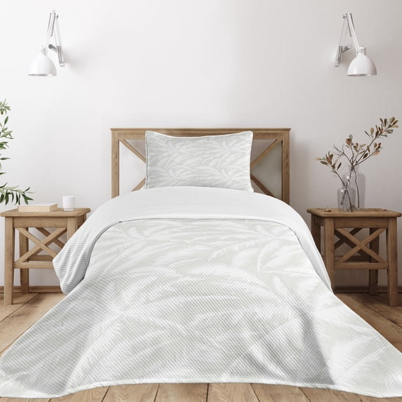 Ambesonne Abstract Quilted Bedspread Set 2 Pcs, Sketchy Palm Jungle, Twin Size, Green and White