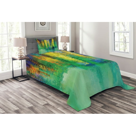 Ambesonne Abstract Quilted Bedspread Set 2 Pcs, Spring Flowers, Twin Size, Green Yellow