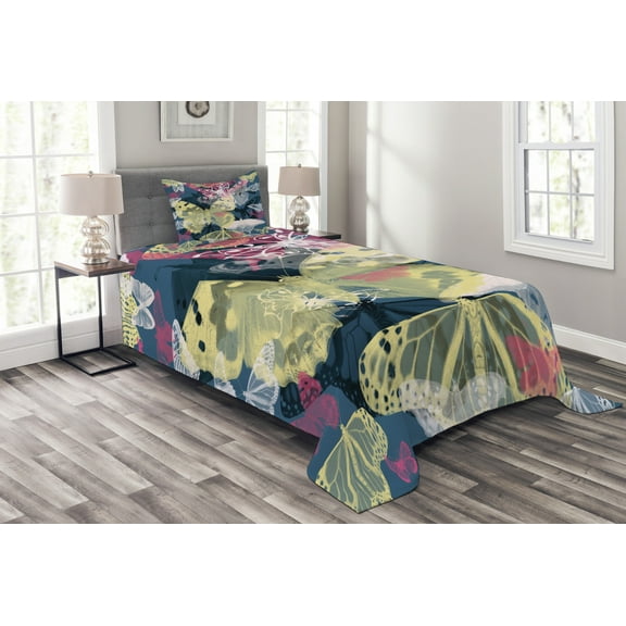 Ambesonne Abstract Quilted Bedspread Set 2 Pcs, Spring Natural Wildlife, Twin Size, Multicolor