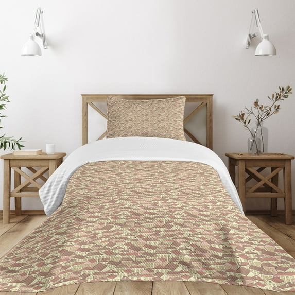 Ambesonne Abstract Quilted Bedspread Set 2 Pcs, Town Houses City Life, Twin Size, Cream Coral Chocolate
