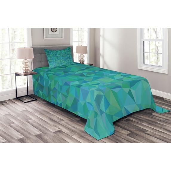 Ambesonne Abstract Quilted Bedspread Set 2 Pcs, Triangle Mosaic Design, Twin Size, Green Navy