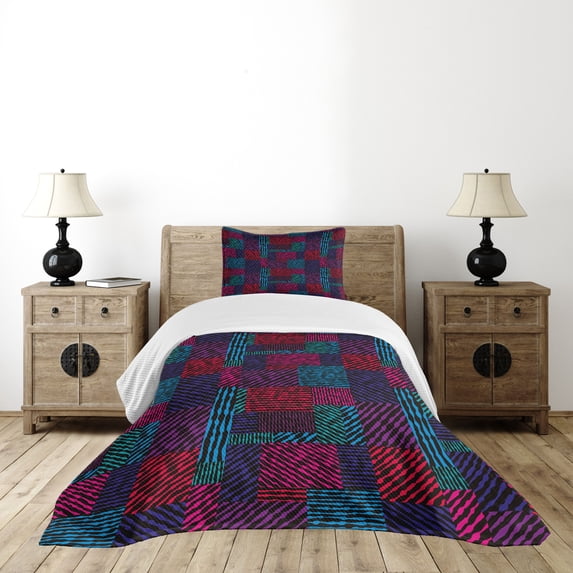 Ambesonne Abstract Quilted Bedspread Set 2 Pcs, Trippy Modern Wavy, Twin Size, Multicolor
