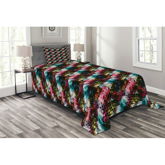 Ambesonne Abstract Quilted Bedspread Set 2 Pcs, Vibrant Traditional, Twin Size, Multicolor