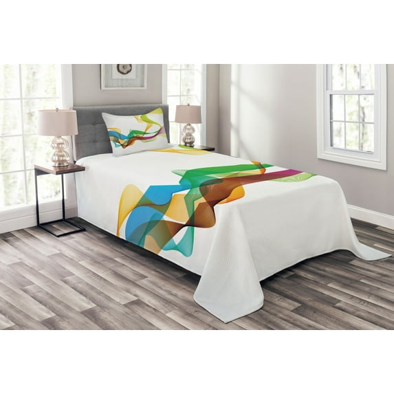Ambesonne Abstract Quilted Bedspread Set 2 Pcs, Wavy Ribbon Rainbow, Twin Size, Multicolor