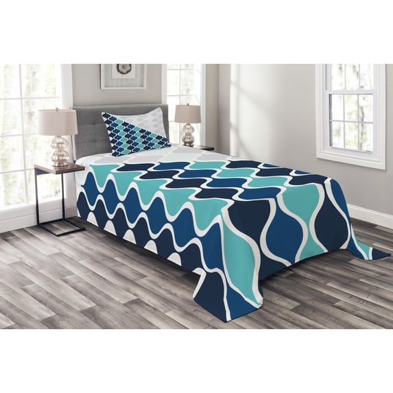 Ambesonne Abstract Quilted Bedspread Set 2 Pcs, Wavy Stripes Spirals, Twin Size, Turquoise Dark Blue