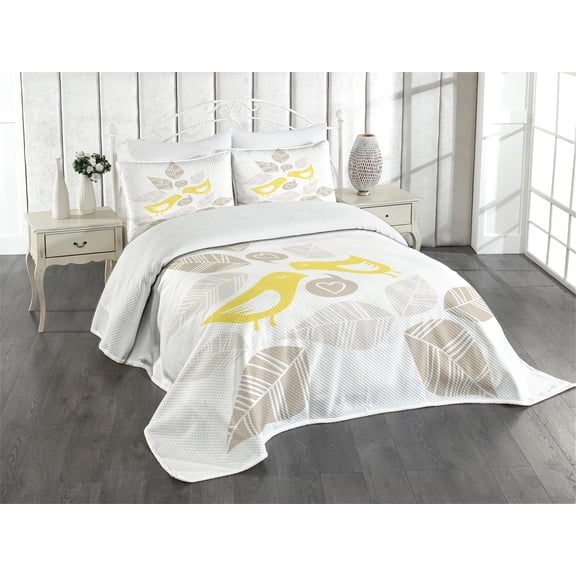 Ambesonne Abstract Quilted Bedspread Set 3 Pcs, Art Deco Birds Leaves, Queen Size, Warm Taupe Yellow White