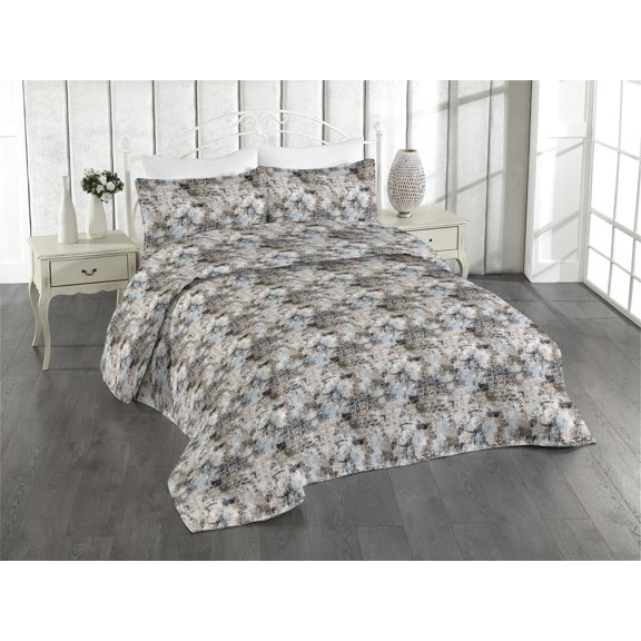Ambesonne Abstract Quilted Bedspread Set 3 Pcs, Art Ethnic Stripe Pattern, Twin, Off White and Charcoal Grey