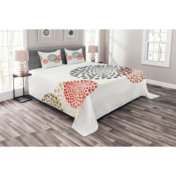 Ambesonne Abstract Quilted Bedspread Set 3 Pcs, Circled Modern Dots, King Size, Maroon Grey Red