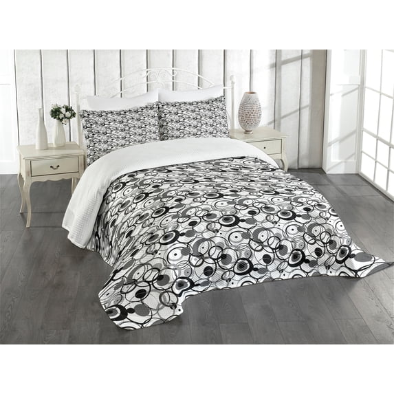 Ambesonne Abstract Quilted Bedspread Set 3 Pcs, Circles Dots Modern, King Size, Grey Black White