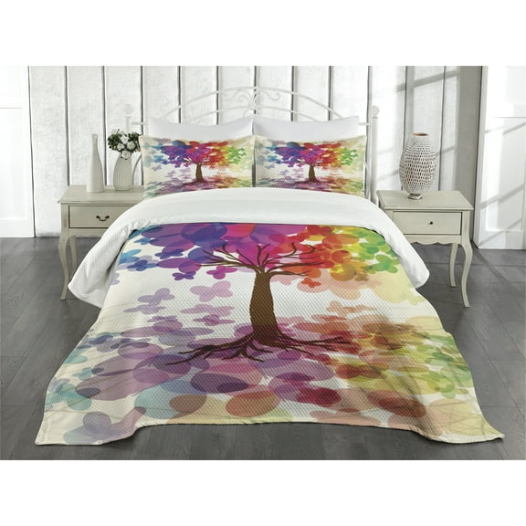 Ambesonne Abstract Quilted Bedspread Set 3 Pcs, Colorful Spring Tree, Queen Size, Multicolor