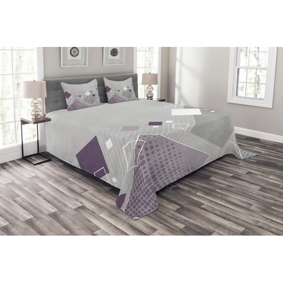 Ambesonne Abstract Quilted Bedspread Set 3 Pcs, Colorful Squares Dots, Queen Size, Purple White Grey