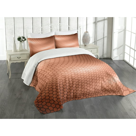 Ambesonne Abstract Quilted Bedspread Set 3 Pcs, Comb Pattern Waves, Queen Size, Pale Rust