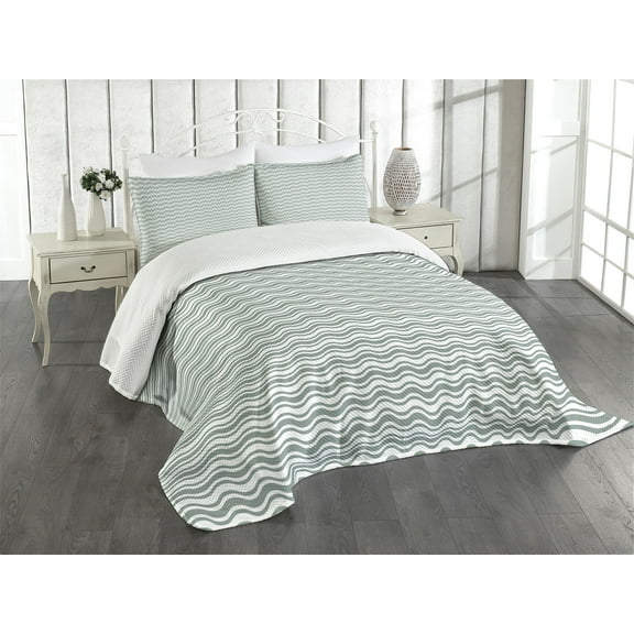 Ambesonne Abstract Quilted Bedspread Set 3 Pcs, Curvy Stripes Waves, King Size, Pale Sage Green White