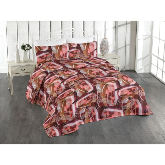 Ambesonne Abstract Quilted Bedspread Set 3 Pcs, Dashes Surreal Grunge Art, Twin, Off White Pale Pink and Plum