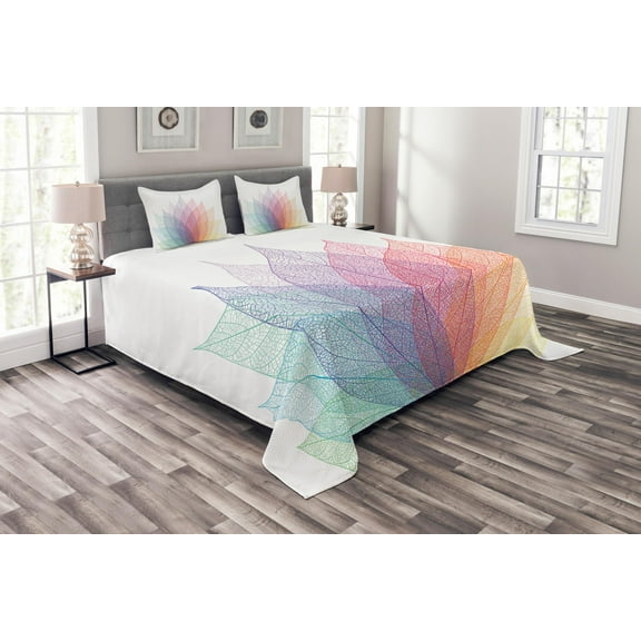 Ambesonne Abstract Quilted Bedspread Set 3 Pcs, Delicate Leaves Art, Queen Size, Yellow Red Green