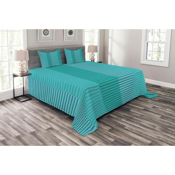 Ambesonne Abstract Quilted Bedspread Set 3 Pcs, Digital Stripes Lines, King Size, Turquoise Pale Blue