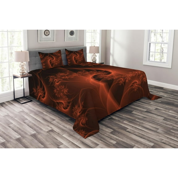 Ambesonne Abstract Quilted Bedspread Set 3 Pcs, Digital Swirls Floral, Queen Size, Orange