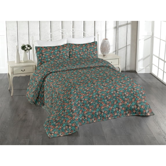 Ambesonne Abstract Quilted Bedspread Set 3 Pcs, Dots Circles Shapes Modern, Queen, Teal Salmon and Turquoise