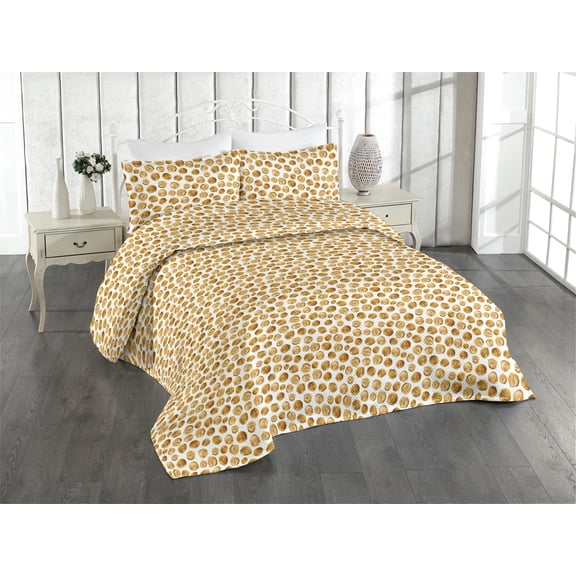 Ambesonne Abstract Quilted Bedspread Set 3 Pcs, Earthy Colors Dots Modern, Twin, Amber Pastel Brown and White