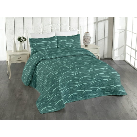 Ambesonne Abstract Quilted Bedspread Set 3 Pcs, Ethnic Style Wavy Stripes, King, Pale Seafoam and Hunter Green
