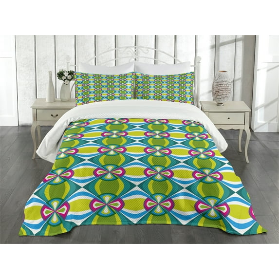 Ambesonne Abstract Quilted Bedspread Set 3 Pcs, Floral Curvy Checked, Queen Size, Multicolor