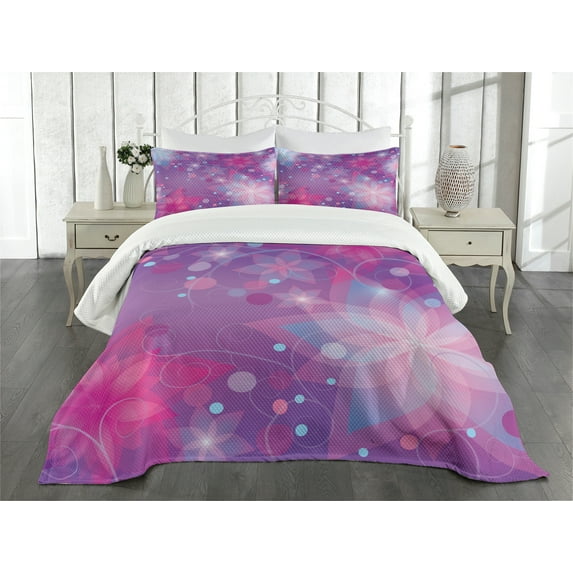 Ambesonne Abstract Quilted Bedspread Set 3 Pcs, Floral Dreamy Romantic, Queen Size, Violet Pink Pale Blue