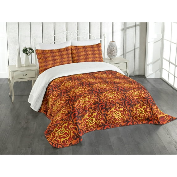 Ambesonne Abstract Quilted Bedspread Set 3 Pcs, Floral Surreal Curves, Queen Size, Yellow Orange Black