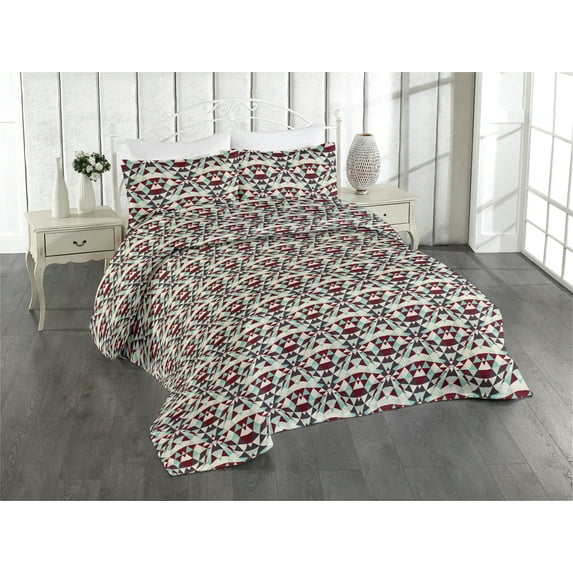 Ambesonne Abstract Quilted Bedspread Set 3 Pcs, Geometric Art Triangles, Twin, Eggshell Maroon and Seafoam