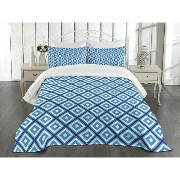 Ambesonne Abstract Quilted Bedspread Set 3 Pcs, Geometric Diamond Form, King Size, Navy Sky Blue White