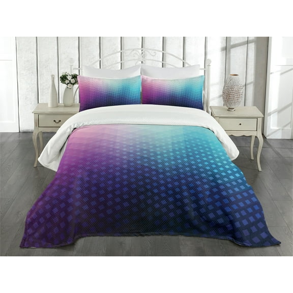 Ambesonne Abstract Quilted Bedspread Set 3 Pcs, Geometric Fractal Triangle, King Size, Pink Blue