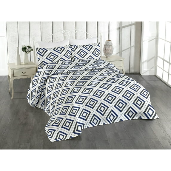 Ambesonne Abstract Quilted Bedspread Set 3 Pcs, Geometric Pattern Modern, King, Navy Blue Dark Taupe Grey