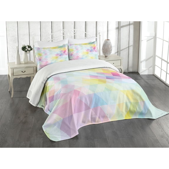 Ambesonne Abstract Quilted Bedspread Set 3 Pcs, Geometric Rhombus Art, King Size, Multicolor