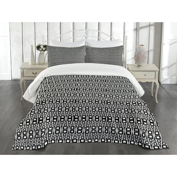 Ambesonne Abstract Quilted Bedspread Set 3 Pcs, Grid Rows Pattern, King Size, Black White