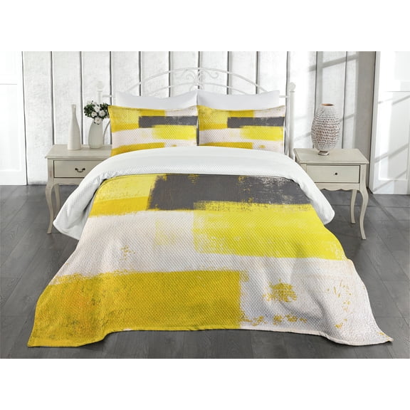 Ambesonne Abstract Quilted Bedspread Set 3 Pcs, Grunge Brushstrokes, King Size, Grey Yellow