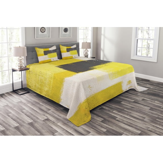 Ambesonne Abstract Quilted Bedspread Set 3 Pcs, Grunge Brushstrokes, Queen Size, Grey Yellow
