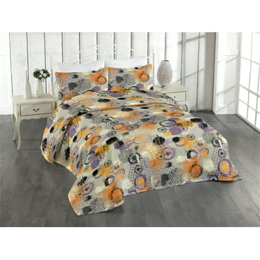 Ambesonne Abstract Quilted Bedspread Set 3 Pcs, Grunge Geometic Rounds Art, King, Vermilion Pale Purpleblue