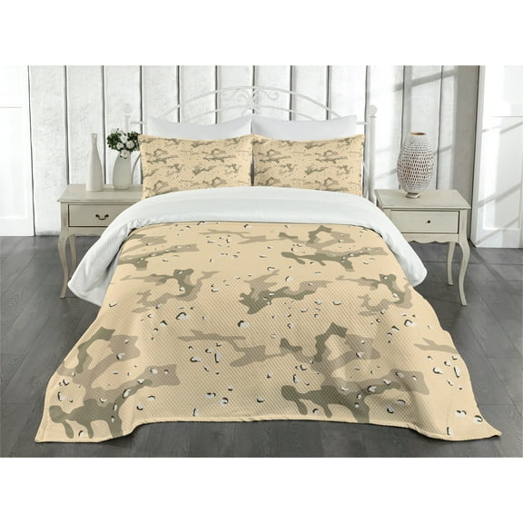 Ambesonne Abstract Quilted Bedspread Set 3 Pcs, Hiding in Desert Camo, King Size, Pale Orange Army Green