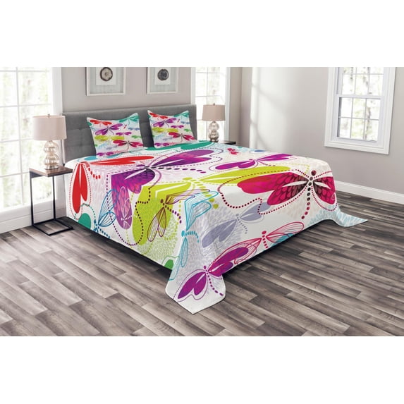 Ambesonne Abstract Quilted Bedspread Set 3 Pcs, Hydrangea Dragonflies, Queen Size, Multicolor