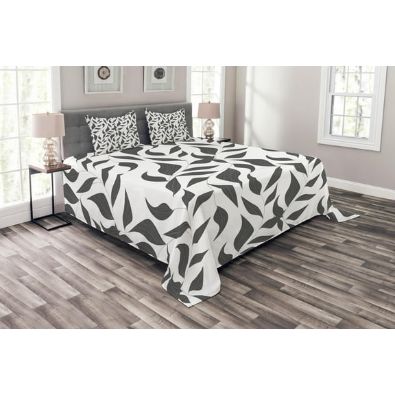 Ambesonne Abstract Quilted Bedspread Set 3 Pcs, Leaves on Vines Nature, Queen Size, White and Grey
