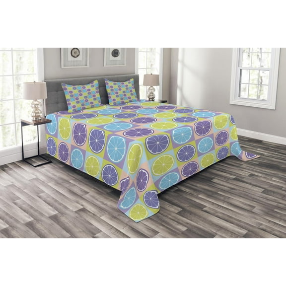 Ambesonne Abstract Quilted Bedspread Set 3 Pcs, Lemon Pattern Citrus, Queen Size, Pale Green and Violet