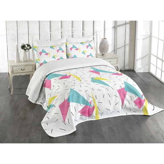 Ambesonne Abstract Quilted Bedspread Set 3 Pcs, Memphis Style Forms, King Size, Multicolor