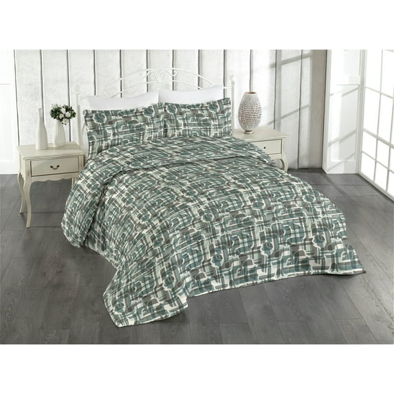 Ambesonne Abstract Quilted Bedspread Set 3 Pcs, Mid Century Modern Pattern, Twin, Cadet Blue and Taupe Grey
