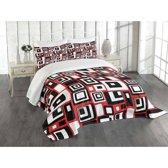 Ambesonne Abstract Quilted Bedspread Set 3 Pcs, Minimalist Retro, King Size, Vermilion and Charcoal Grey