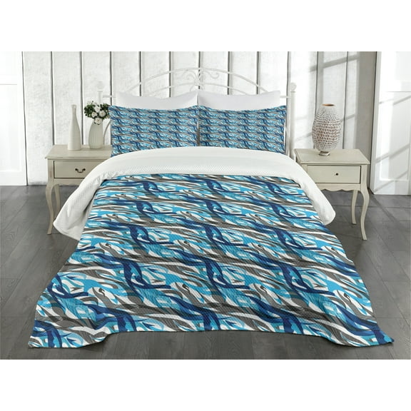 Ambesonne Abstract Quilted Bedspread Set 3 Pcs, Modern Art Stripes, Queen Size, Grey Blue White