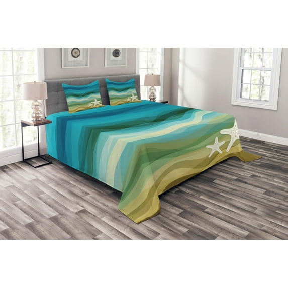 Ambesonne Abstract Quilted Bedspread Set 3 Pcs, Modern Waves Starfish, King Size, Blue Beige