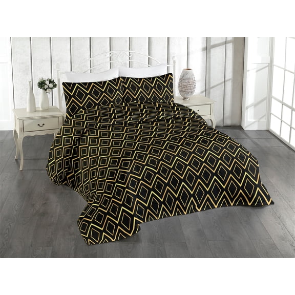 Ambesonne Abstract Quilted Bedspread Set 3 Pcs, Modern Zigzag Pattern Art, Twin, Pastel Yellow and Black