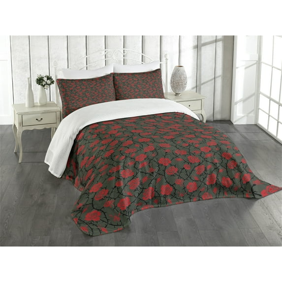 Ambesonne Abstract Quilted Bedspread Set 3 Pcs, Mystic Rose Swirls Design, King Size, Charcoal Grey Ruby