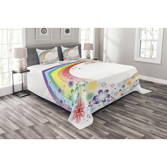 Ambesonne Abstract Quilted Bedspread Set 3 Pcs, Nature Spring Floral, King Size, Multicolor