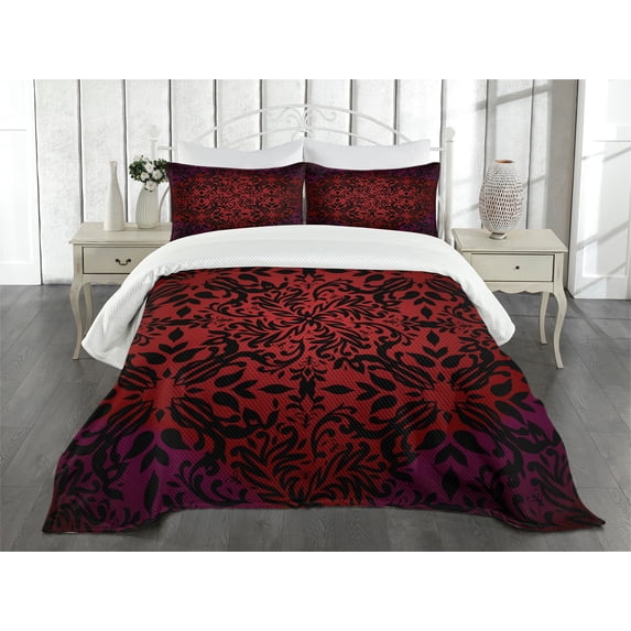 Ambesonne Abstract Quilted Bedspread Set 3 Pcs, Orient Flowers Leaves Art, Queen Size, Vermilion and Black
